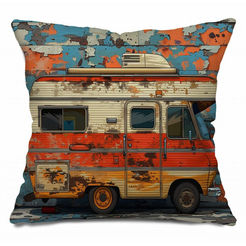 Coussin réversible en coton mélangé Camper Van, H 18 po x l 18 po