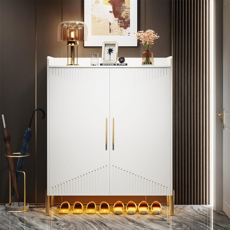 35.43 Inches White & Gold 6-Tier Entryway Shoe Storage Cabinet With Doors, White