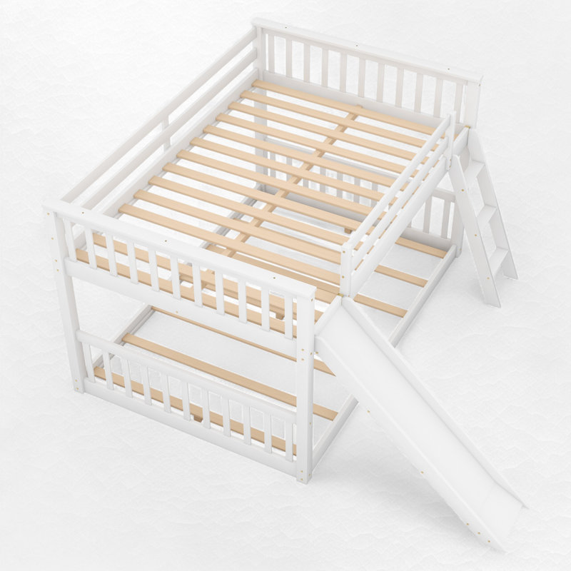Floor Bunk Bed With Slide, Full Over Full, White