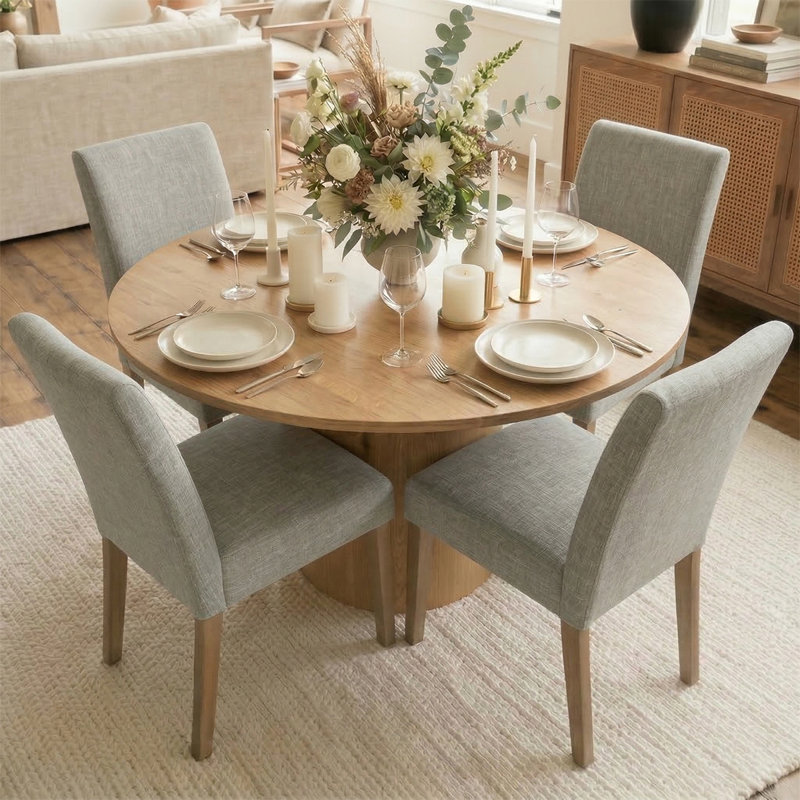 Ensemble de table de salle à manger 4 personnes Danayla avec table ronde de 41,5 po et 4 chaises rembourrées en lin, Gris