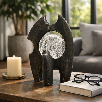 Abstract Resin Statue Object with Crystal Glass Accent for Home Decor - Decorative Figurine for Living Room Decoration - Black & Clear