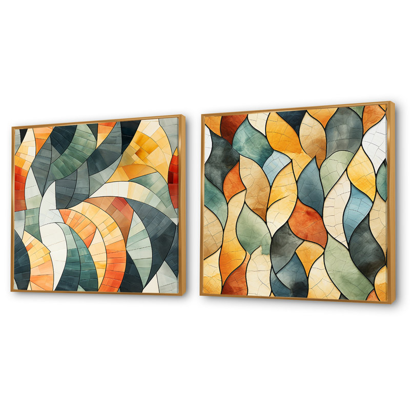 Clintona - Ensemble de 2 collages de formes carrées abstraites, Cadre flottant doré, H 36 po x l 73 po