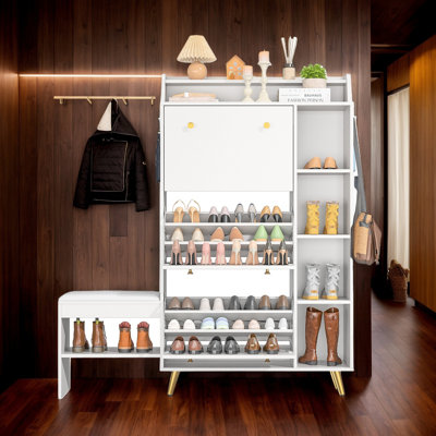 2-In-1 Minimalist Shoe Storage Cabinet With Cushioned Bench, Freestanding Shoe Organizer With 3 Flip Drawers And Open Shelves, White -  Everly Quinn, E28508531DBA4054B5144F30CB616477