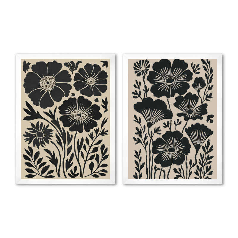 Ensemble de 2 impressions murales bleuet et prairies dans des tons de noir et de beige - Bleuet, H 32 po x l 48 po