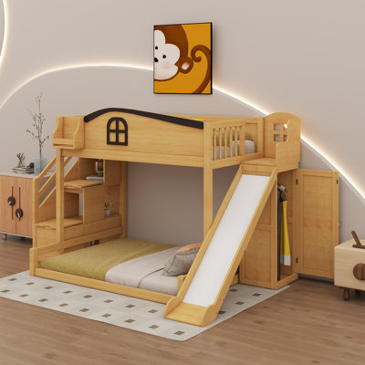 Lit superposé avec glissade, escalier de rangement, garde-robe et tablette, cadre de lit pour enfants tout-en-un, aucun sommier nécessaire