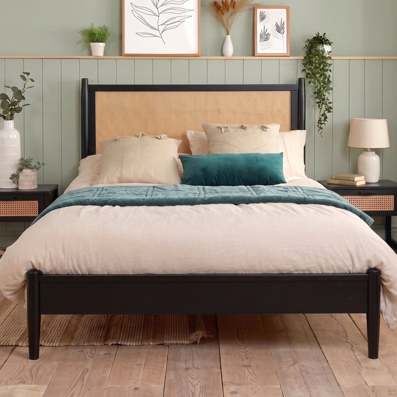 Queen Size Platform Bed Frame with Rattan Headboard, Wicker Bed with Wooden Slats Support,Boho Coastal Style, No Box Spring Needed, Black