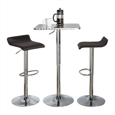 Brown PVC Adjustable Bar Set with Silver Metal Frame – 3-Piece Home Pub Table and Two Stools, Contemporary Square Design
