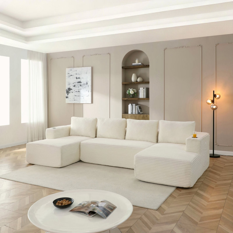 Grand canapé modulaire en forme de U sans dossier de 132 po avec méridienne, siège modulaire en forme de U avec siège profond 132 po, canapé confortable avec porte-gobelets, aucun assemblage requis