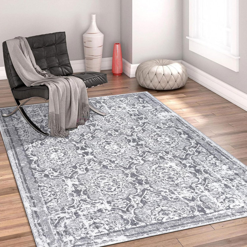 Tapis de couloir lavable à la machine, antidérapant, Grey, Rectangle 3' x 5'