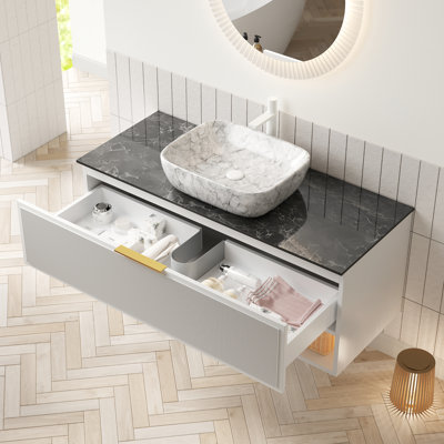 Meuble-lavabo 48 po, lavabo en céramique à motif de marbre blanc, comptoir en pierre frittée noire, armoire flottante pré-assemblée, 2 tiroirs, tablette avec capteur, vasque en contreplaqué de haute qualité,