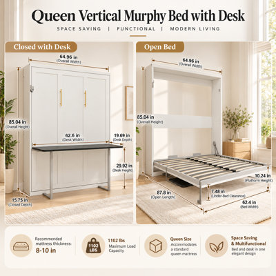 Grand lit escamotable vertical Vertiora avec bureau intégré, 26 lattes en bois massif multicouches, pieds automatiques, aide hydraulique à deux niveaux, sangle de matelas, poignée arrondie, capacité de 1102 lb