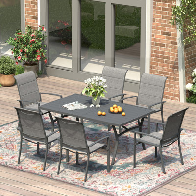 6-Person Patio Dining Set with 63" Metal Dining Table and 6 Textilene Armrest Dining Chairs