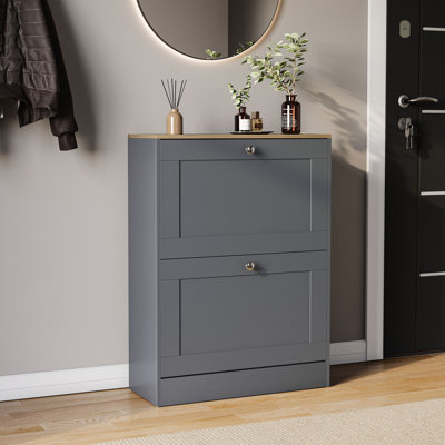 2 Drawer Shoe Cabinet with Oak Top Modern Shoe Storage For Hallway Living Room & Bedroom