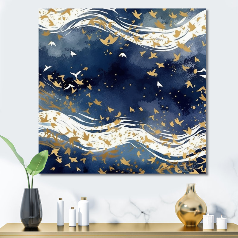 Bleu foncé et or abstrait VI, H 24 po x l 24 po x P 1 po, Toile tendue