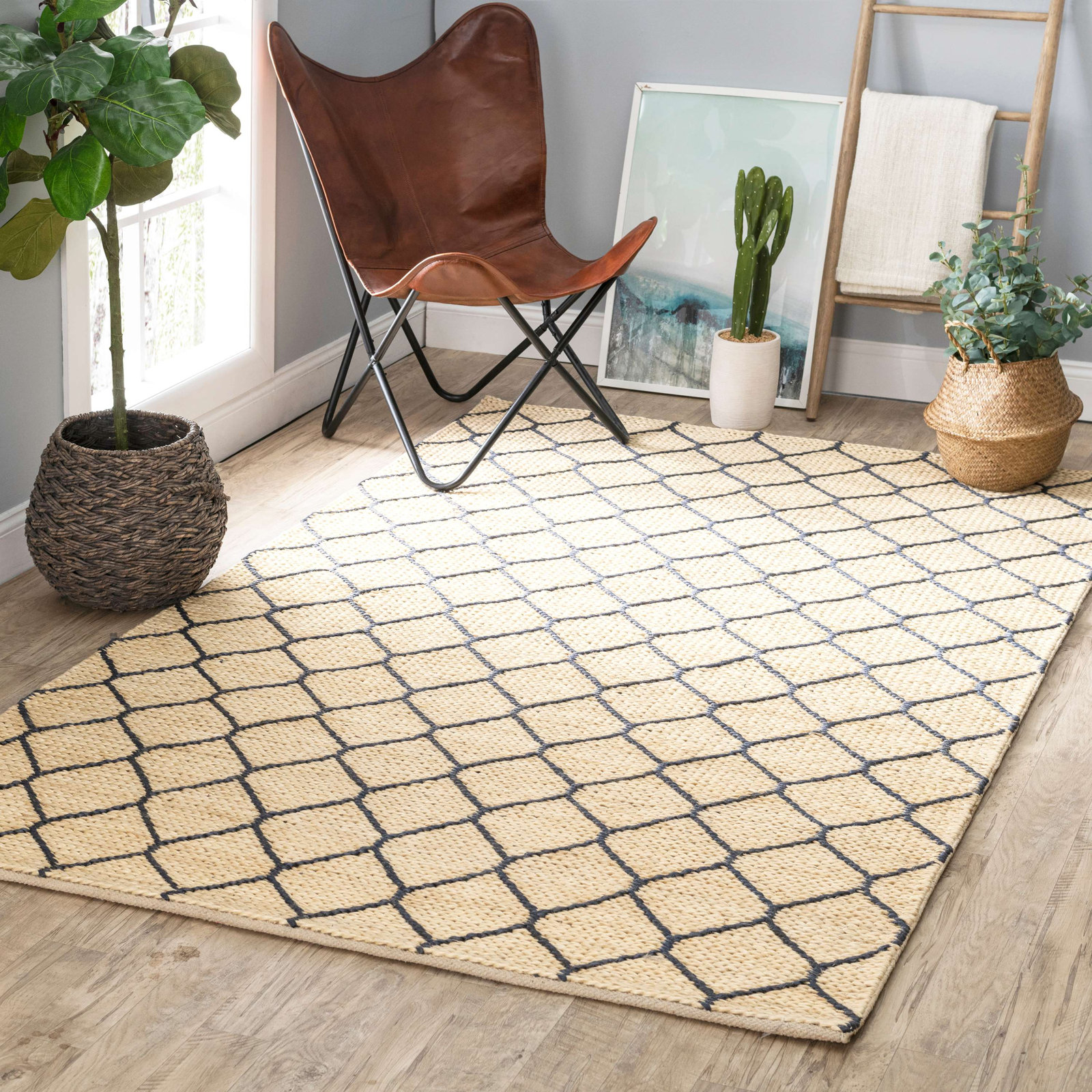 Navy Hand-Woven Geometric Jute Rug, Rectangle 4' x 6'