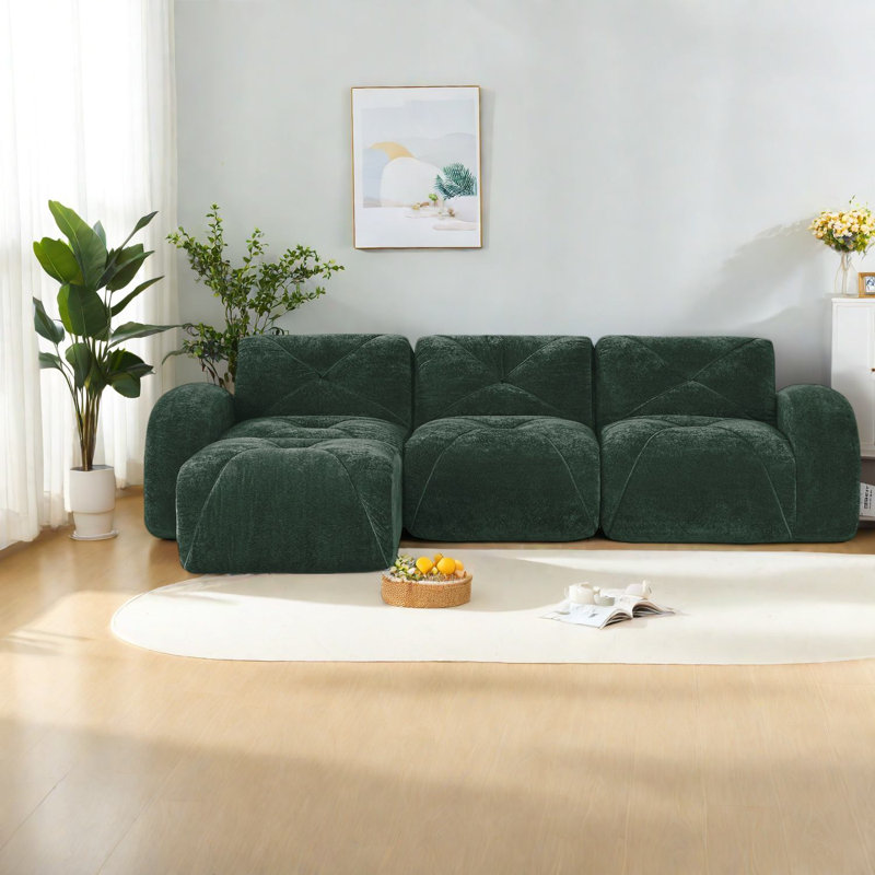 Canapé moderne en forme de L en velours, ergonomique avec repose-pieds mobile, vert