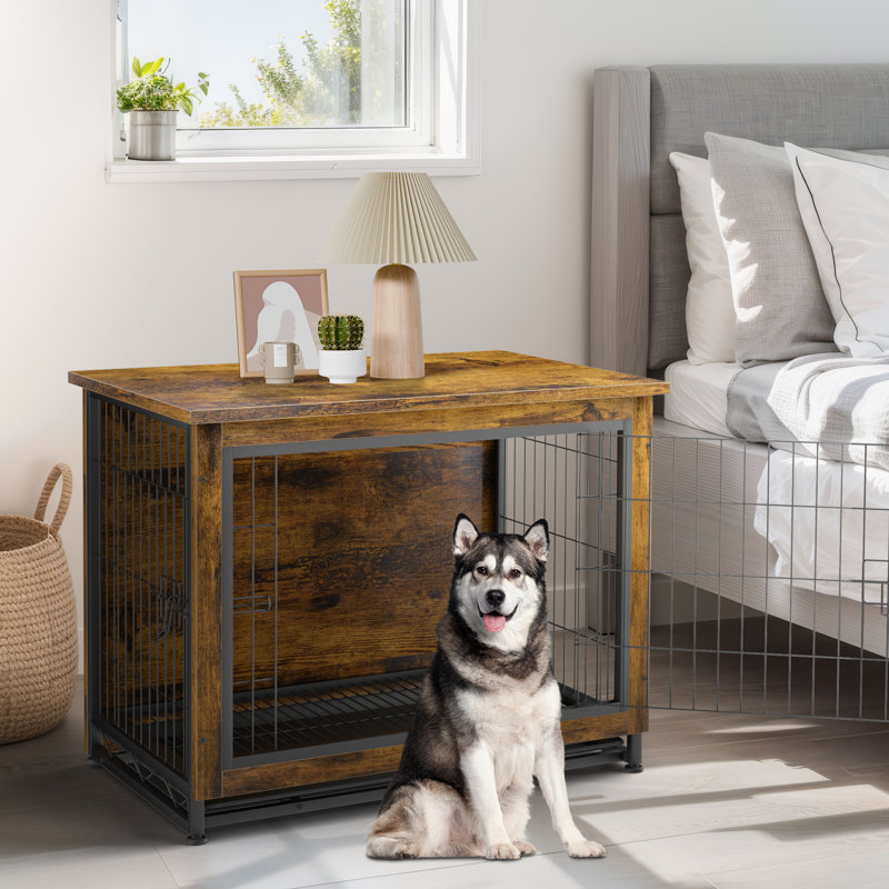 Meuble de caisse pour chien Emberli, table d'appoint latérale, chenil en bois moderne pour chiens d'intérieur, Brun