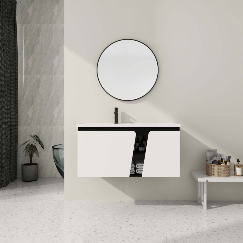 Meuble-lavabo mural flottant de 40 po avec lavabo en céramique et porte d'armoire à fermeture en douceur de 40 po, peu encombrant et élégant pour les salles de bain modernes