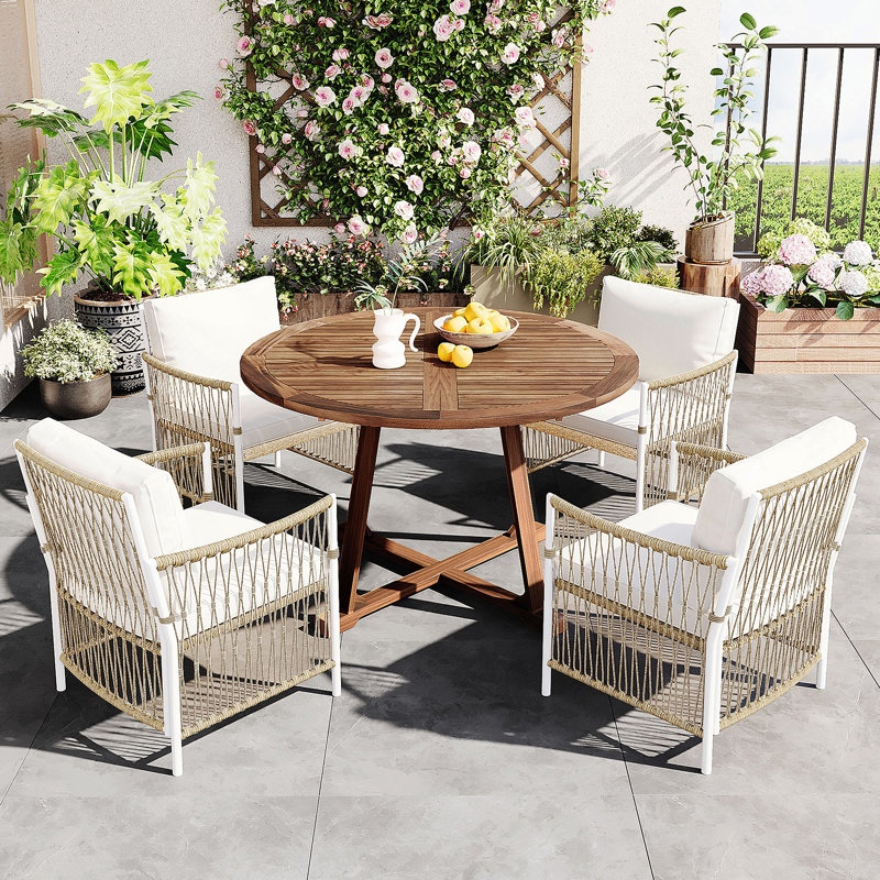Ensemble de table de salle à manger extensible en bois 5 pièces pour table d'extérieur 12 pouces avec 4 chaises en rotin pour terrasse