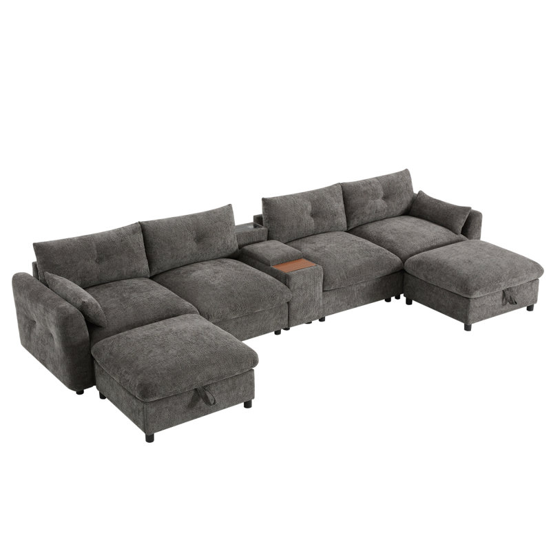 Canapé modulaire de 142 po avec repose-pieds et console de rangement mobile, porte-gobelet, siège large, canapé en U 6 places, canapé surdimensionné en chenille avec chargeur USB