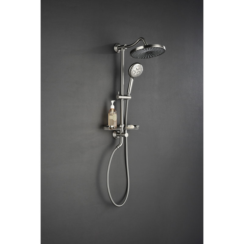 Fusion de douche avec pomme de douche à effet pluie de 10 po, douche à 4 poignées, vis coulissante réglable et porte-savon en ancre de fusion en nickel brossé