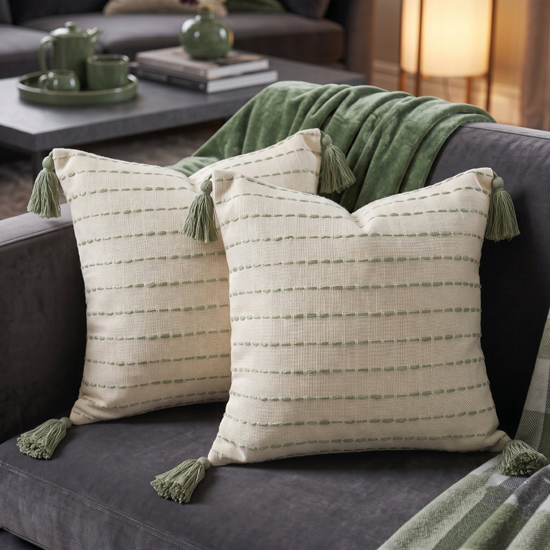 Ensemble de 2 coussins décoratifs faits à la main Dash Farmhouse, Sage/Ivory
