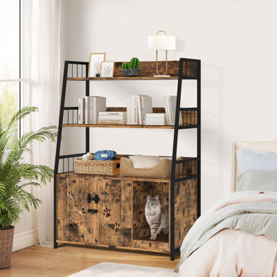 Multi-Functional Cat Litter Box Enclosure - 3-Tier Hidden Storage Furniture W/Scratch Pad & Odor Control (35" Large Wooden Design)