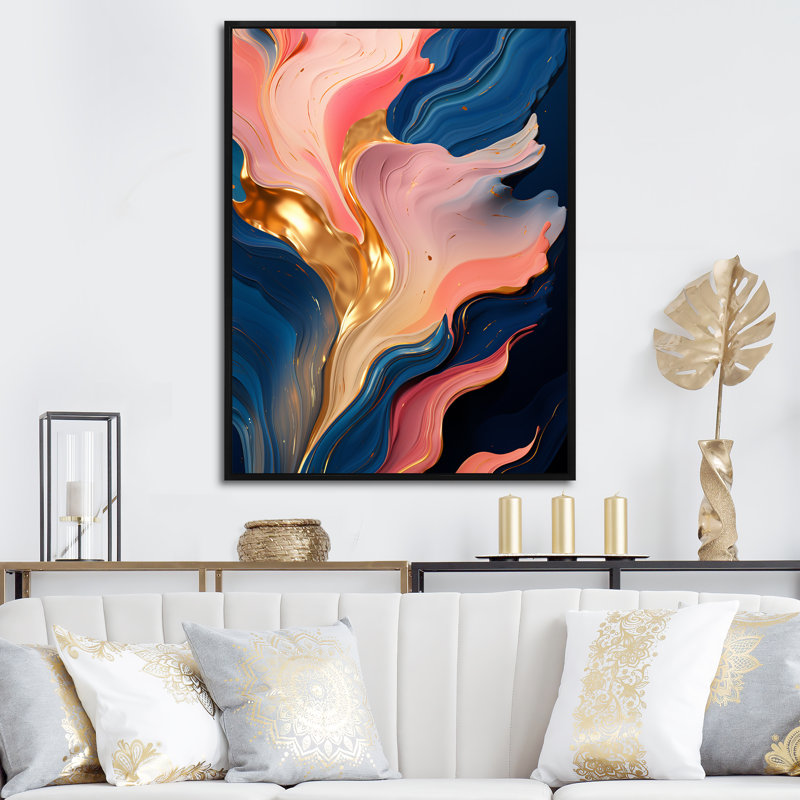 Rose et or, encre liquide Abstraction V - encre liquide, art mural abstrait, Cadre flottant noir, 40" H x 30" W