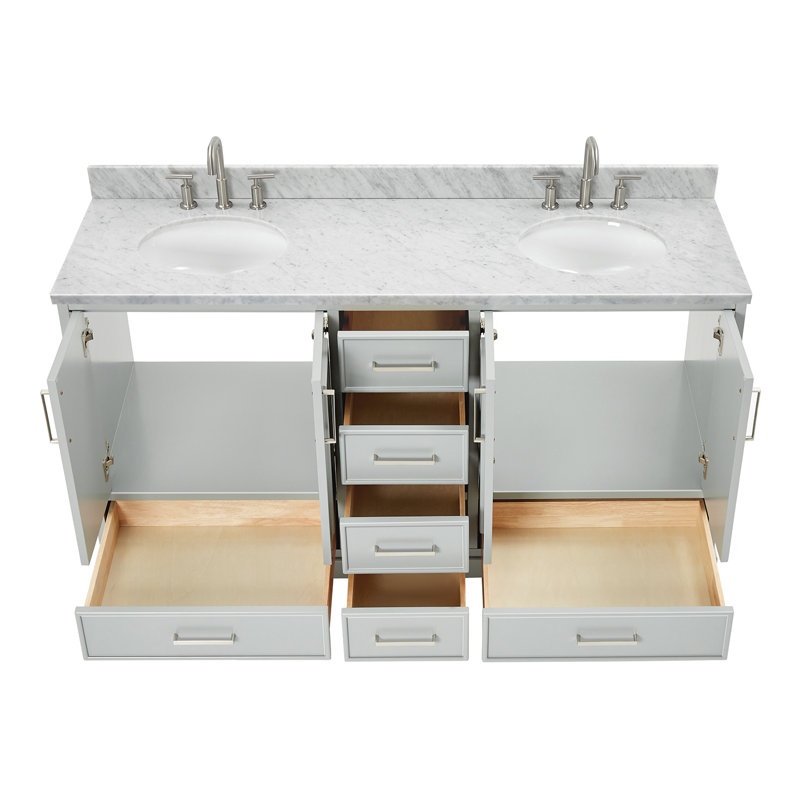 61'' Double Bathroom Vanity with Carrara Marble Top, Gray