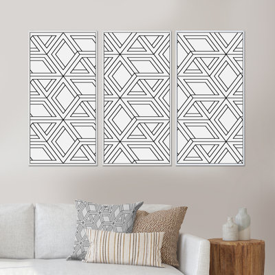 Art géométrique blanc et noir - ensemble de 3 reproductions d'art encadrées sur toile