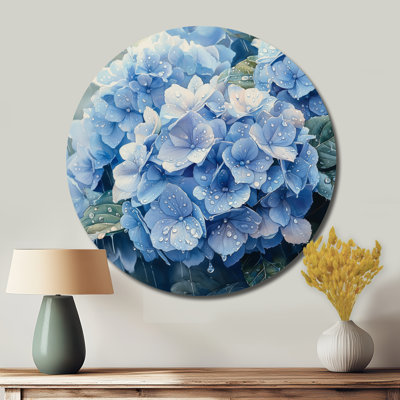 Hydrangeas In The Spring Rain I - Traditional Blue Metal Art Print, Hydrangea Round Metal Wall Art