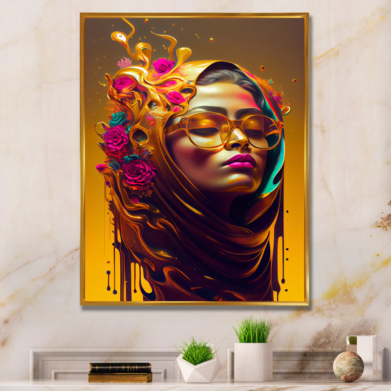 Élégante femme arabe avec hijab floral - Impression sur toile, H 20 po x l 12 po x P 1 po, Toile avec cadre flottant or