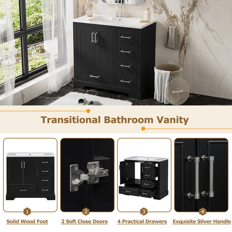 Ensemble de meuble-lavabo traditionnel 36 po avec lavabo en résine, armoire de salle de bain noire avec deux portes et quatre tiroirs