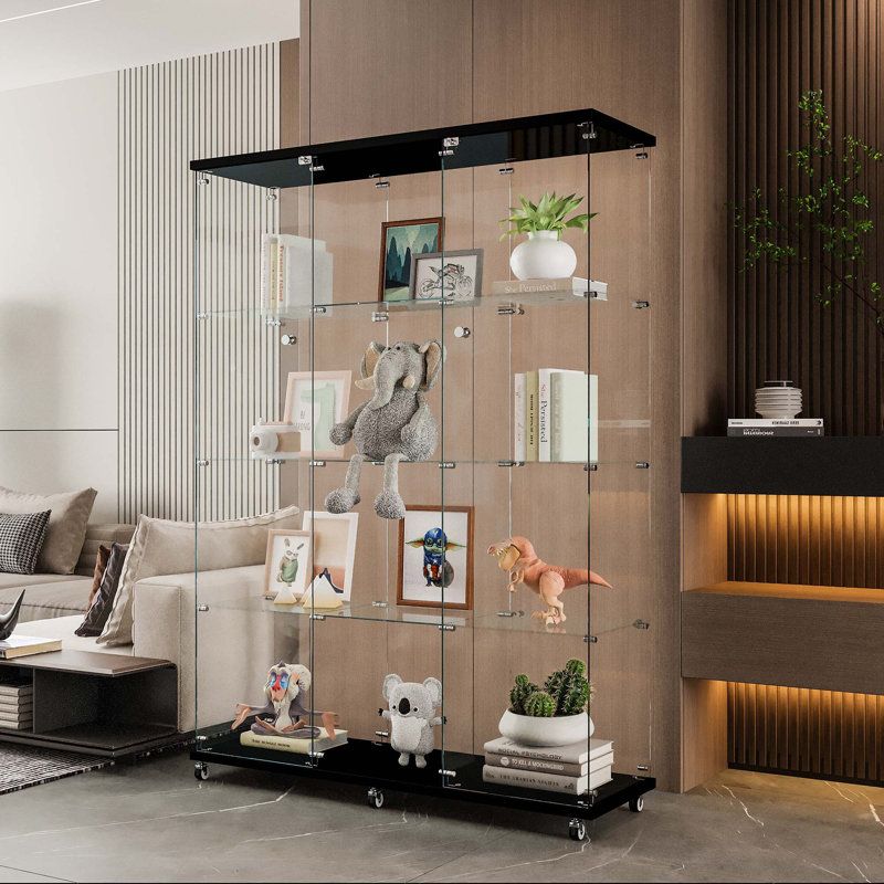 Glass Display Cabinet With 4 Shelves Extra Large, Curio Cabinets For Living Room, Bedroom, Office Floor Standing Glass Bookshelf, Quick Installation