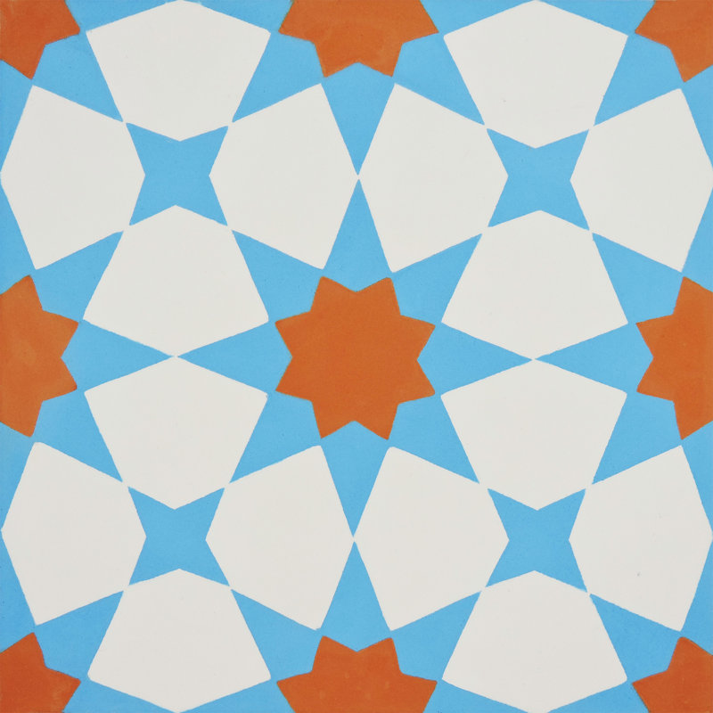 Medina 8" x 8" Cement Patterned Wall & Floor Tile, Blue/White/Orange