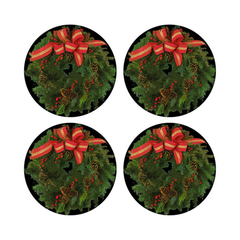 Christmas Wreath Vegan Leather Round Pebble Placemat, Black