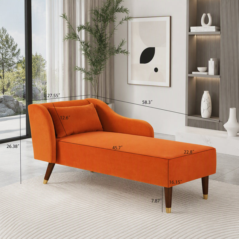 Chaise longue en velours orange avec dossier inclinable et coussin, Velours orange