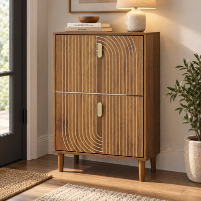 Shoe Storage Cabinet with 2 Flip Drawers, Free Standing Shoe Cabinet with Metal Handles for Entryway, Shoe Rack Cabinet with Line Groove Design, 23.59"W