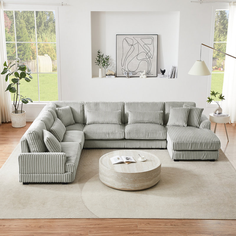 Canapé modulaire en U en velours côtelé avec méridienne, Gris clair