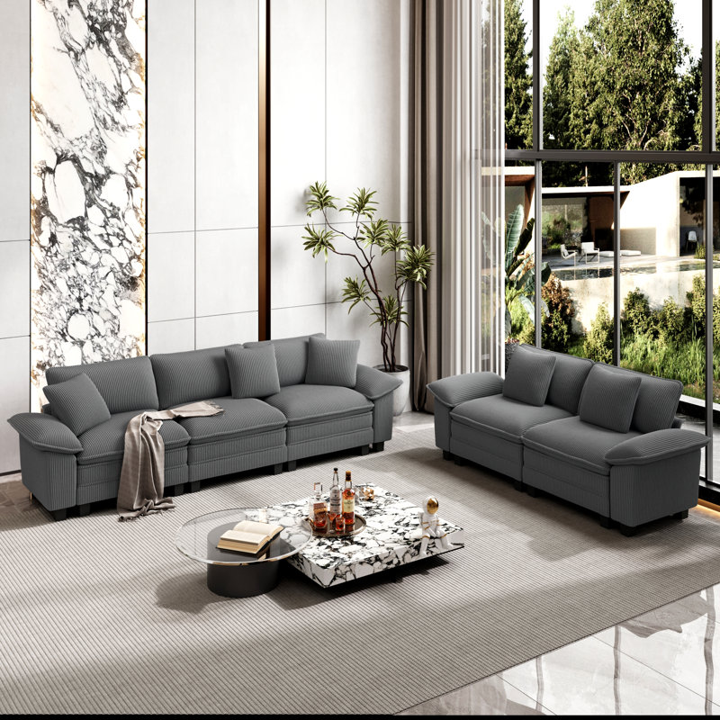 5 - Piece Living Room Set, Light Grey Corduroy