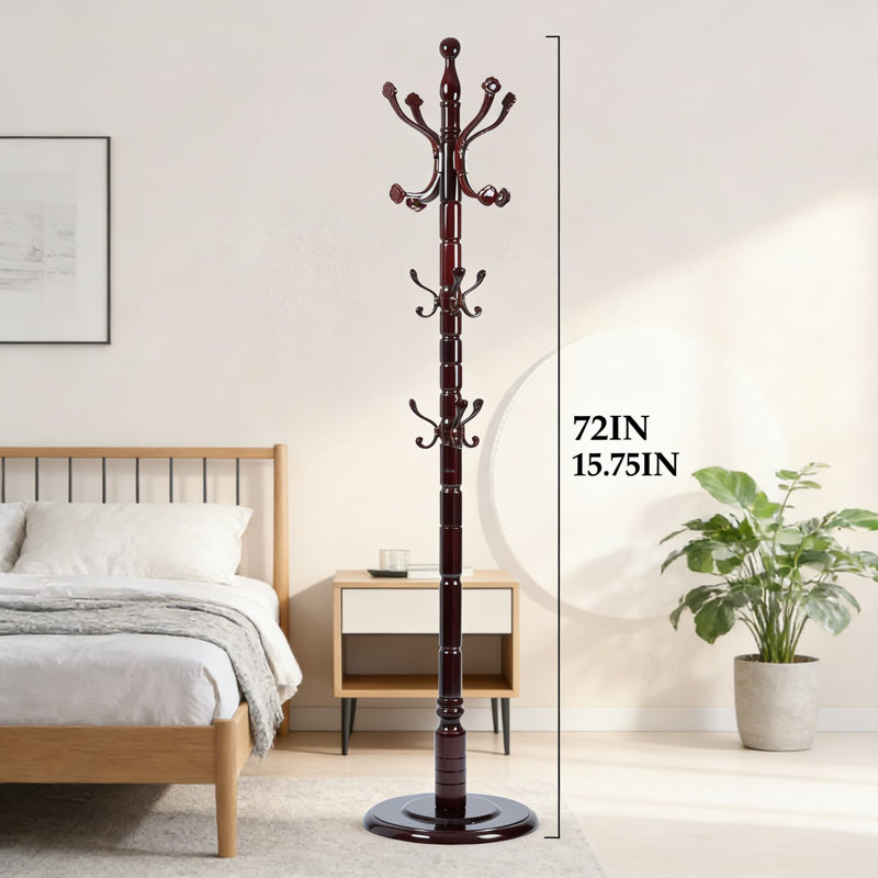 Freestanding Wood Coat Rack With 14 Hooks And Heavy-Duty Base, Sturdy Entryway Hallway Bedroom Organizer For Coats, Hats, Bags, And Umbrellas