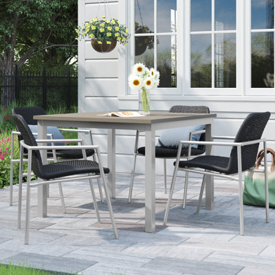 Orso 5-Piece 39" Square Dining Table & Armchairs Set - Vintage Tekwood Top Shadow Resin Wicker
