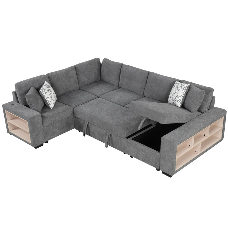 Grey U-Shaped Bed With Storage Chaise, 2 Ports, Wide , 109" For Versatile Use Pull-Out Bed, Modern, Gray Chenille