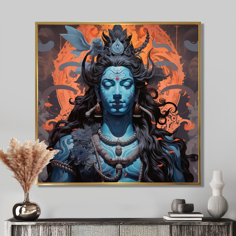 Portrait de Shiva bleu - impression d'art mural de l'hindouisme, Cadre flottant doré, H 30 po x l 30 po x P 1 po