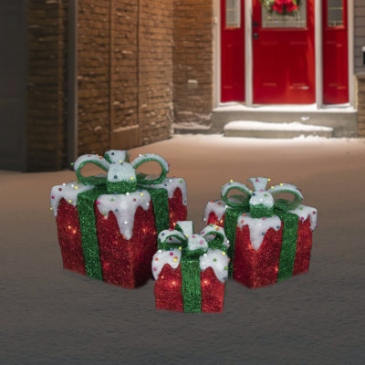 Set of 3 Lighted Snow and Candy Covered Sisal Gift Boxes Christmas Outdoor Decorations