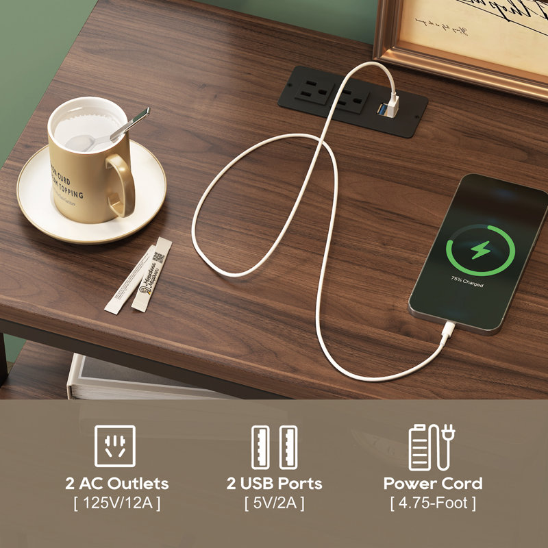 Two Nightstand With Storage, Built-in Outlets, and Drawer for Bedroom and Living Room and Built-in Outlets, Brown