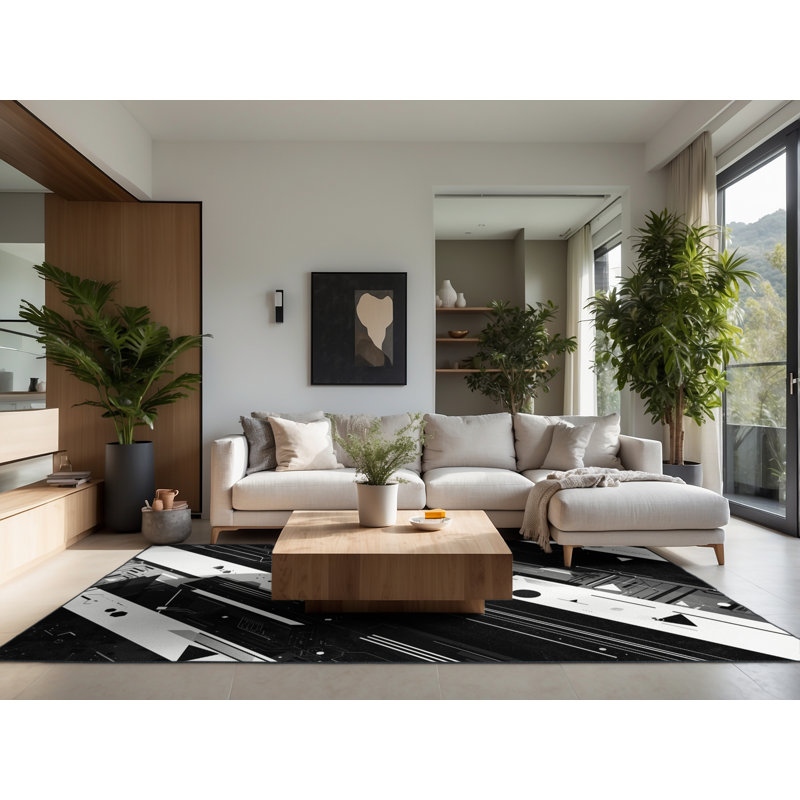 Tapis noir moelleux à motif géométrique moelleux de style moderne Ealey, 7 x 10
