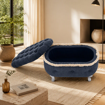 Bancs de rangement de 29,5 po, banc de bout de lit avec capitonnage à boutons, repose-pieds de rangement rembourré en tissu, banc de fenêtre avec frange, banc de rangement pour chaussures, banc de pied de lit pour la chambre à coucher, vestibule, vestiaire, bleu