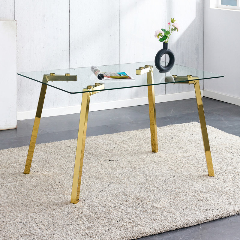 Rectangular Glass Dining Table With Tempered Glass Tabletop And Golden Metal Legs, Suitable For Kitchen, Dining Room, And Living Room, 51 " * 31.5 " * 29.5 "