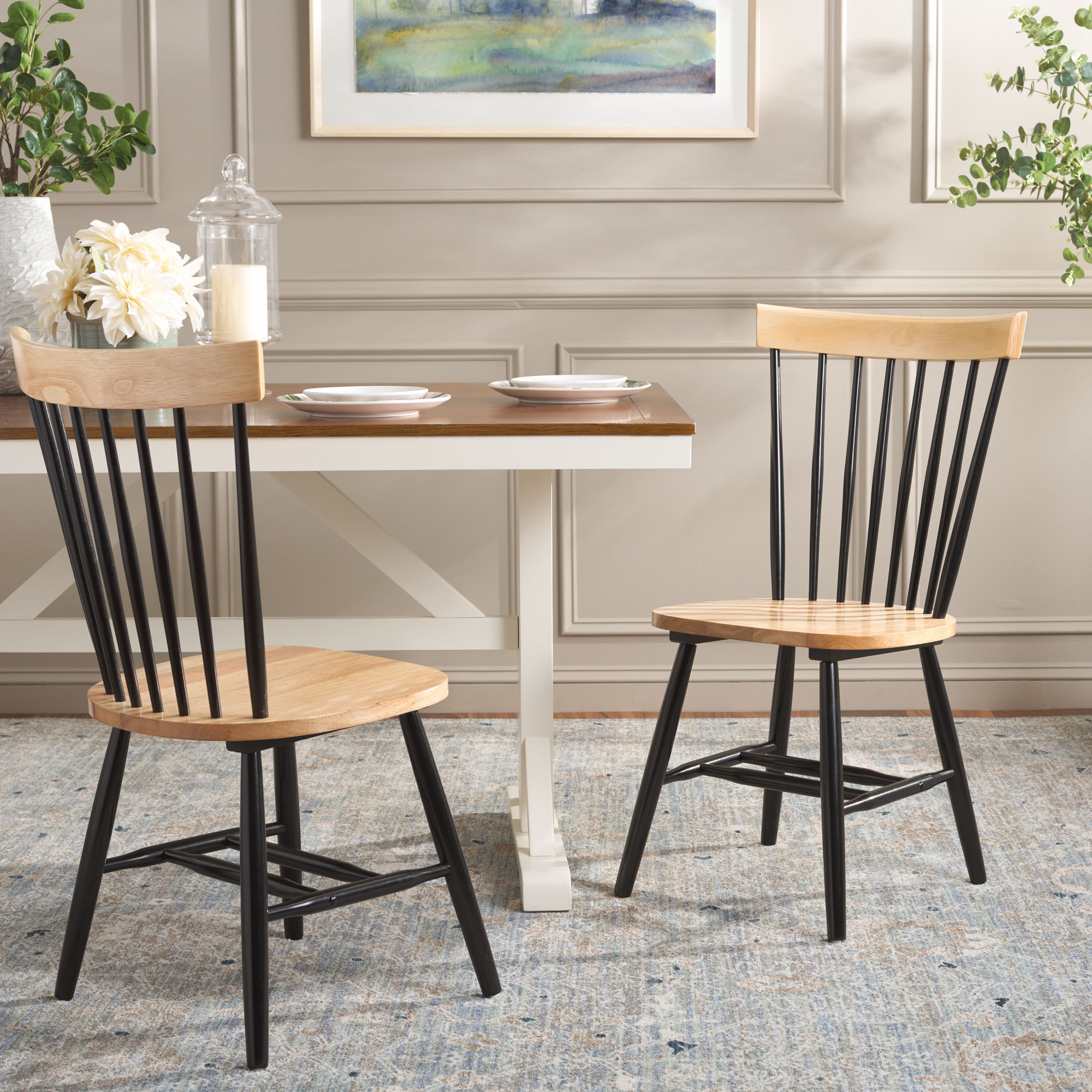 Matanna Solid Wood Windsor Back Side Chair, Natural/Black
